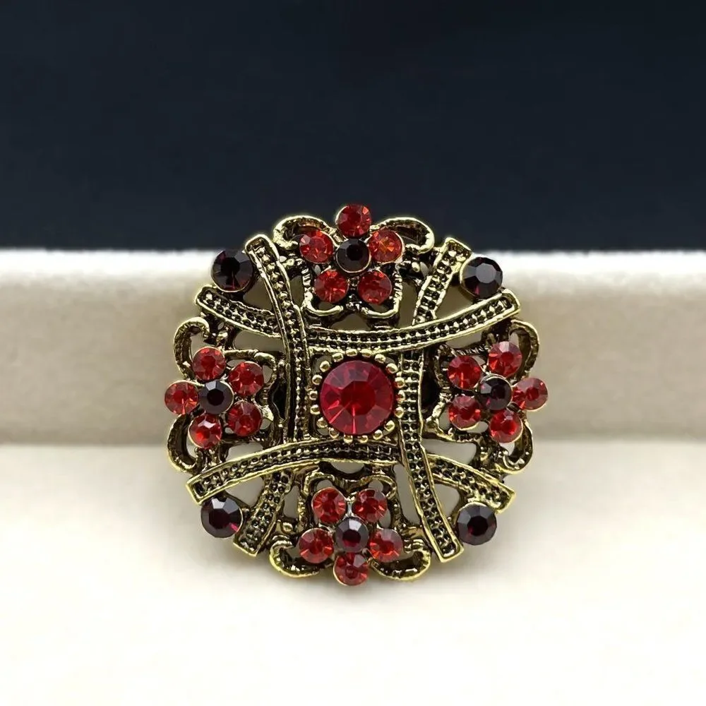Yellow Gold with Ruby Red and Garnet Red Crystal Flower Pin Back Brooch